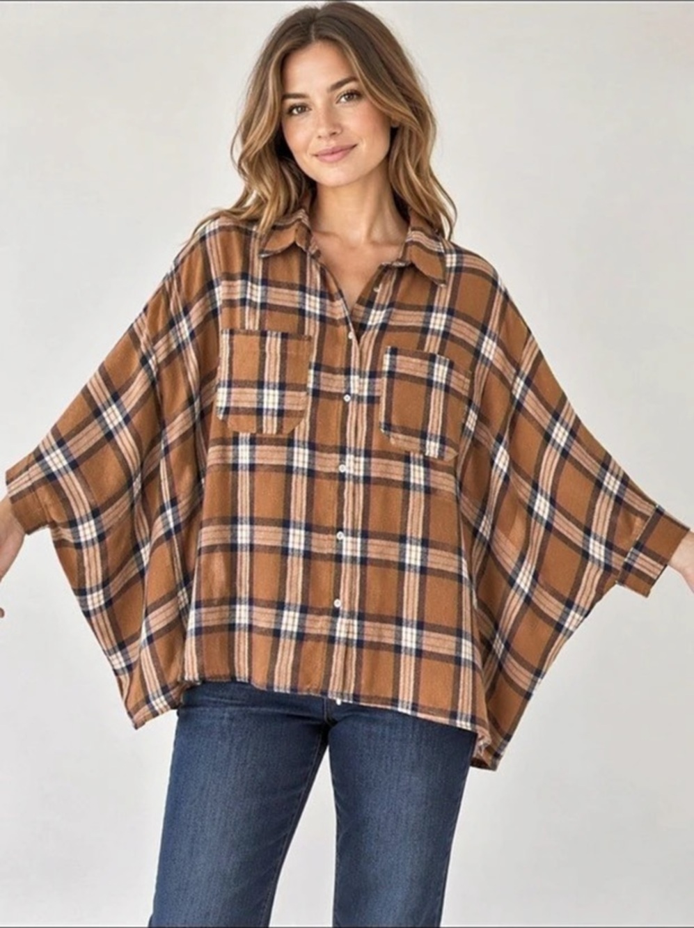 Plaid Oversized Button Down in Brown & Blue